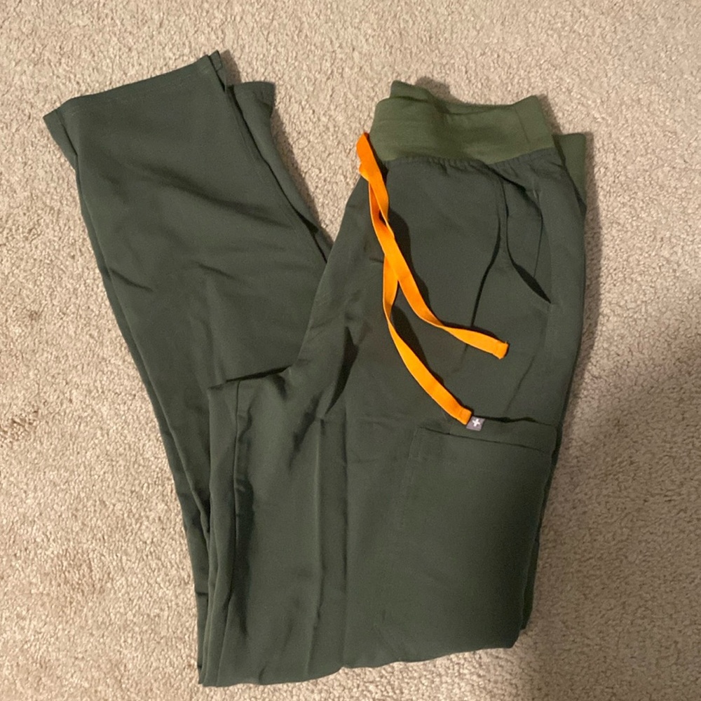 Figs Olive Green Scrub Pants with Orange Drawstring